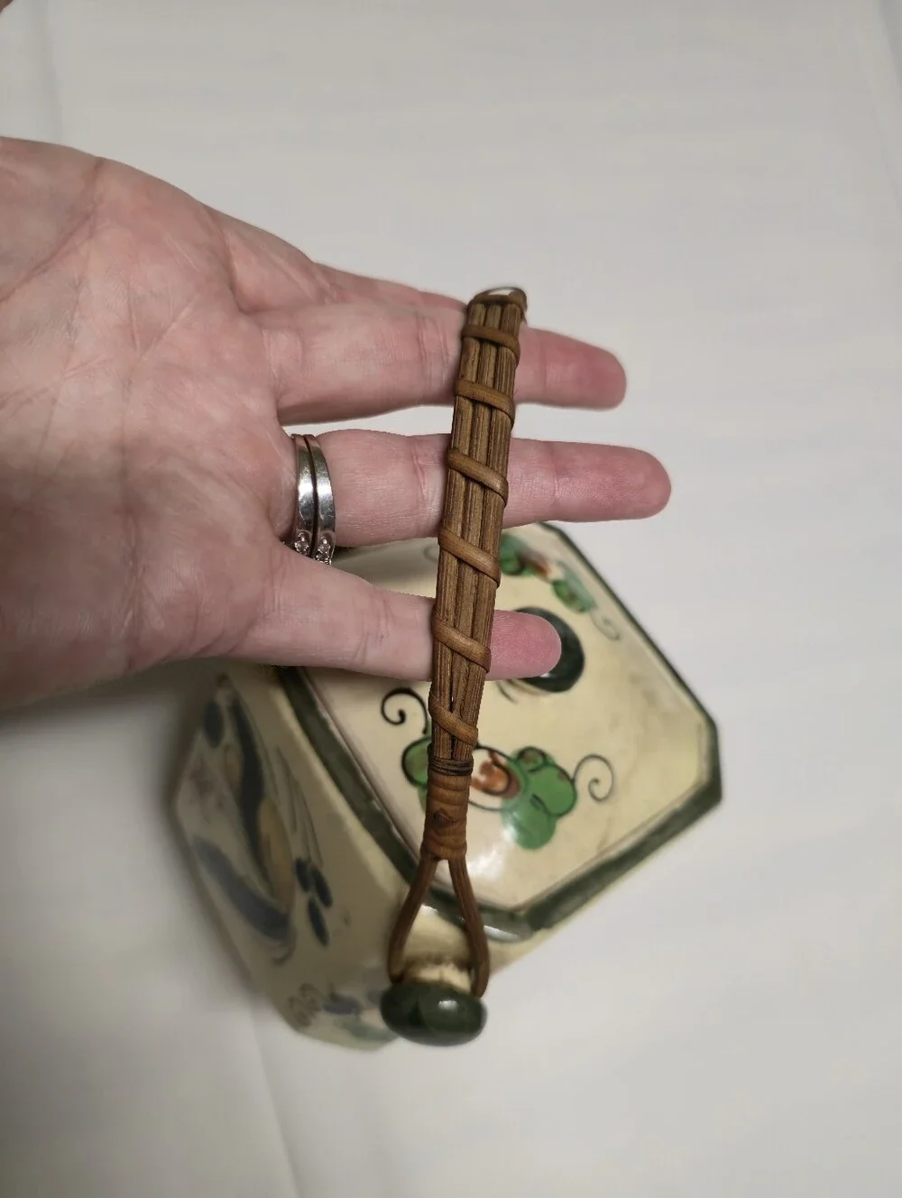 Vintage Japanese Ceramic Hexagonal Tea/Biscuit Canister with Woven Handle